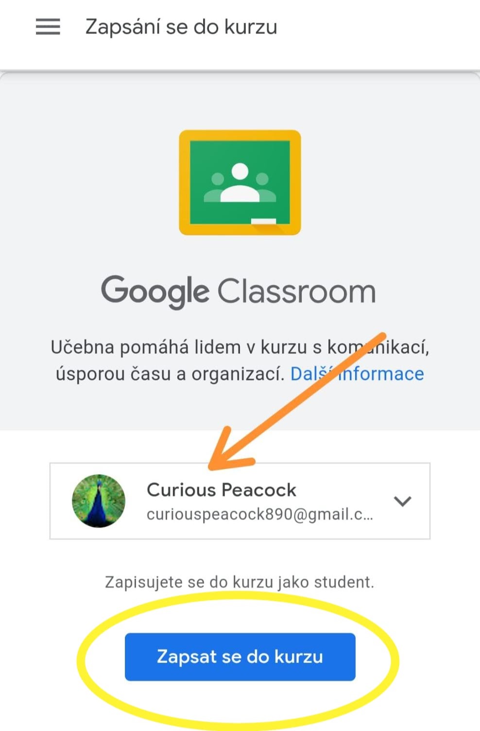 Vstup do učebny, pokud máte Google účet 